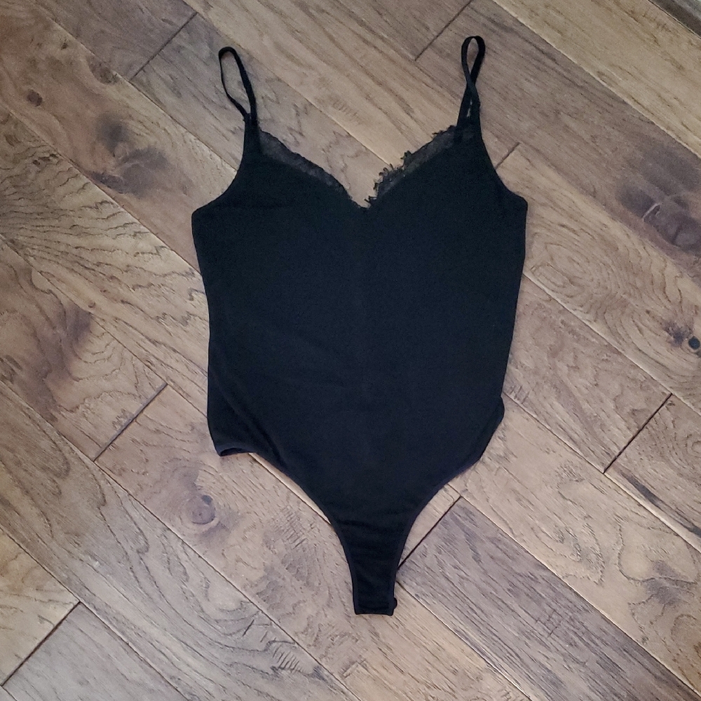 Marciano Black Lace Trim Bodysuit with Adjustable Strap Size L